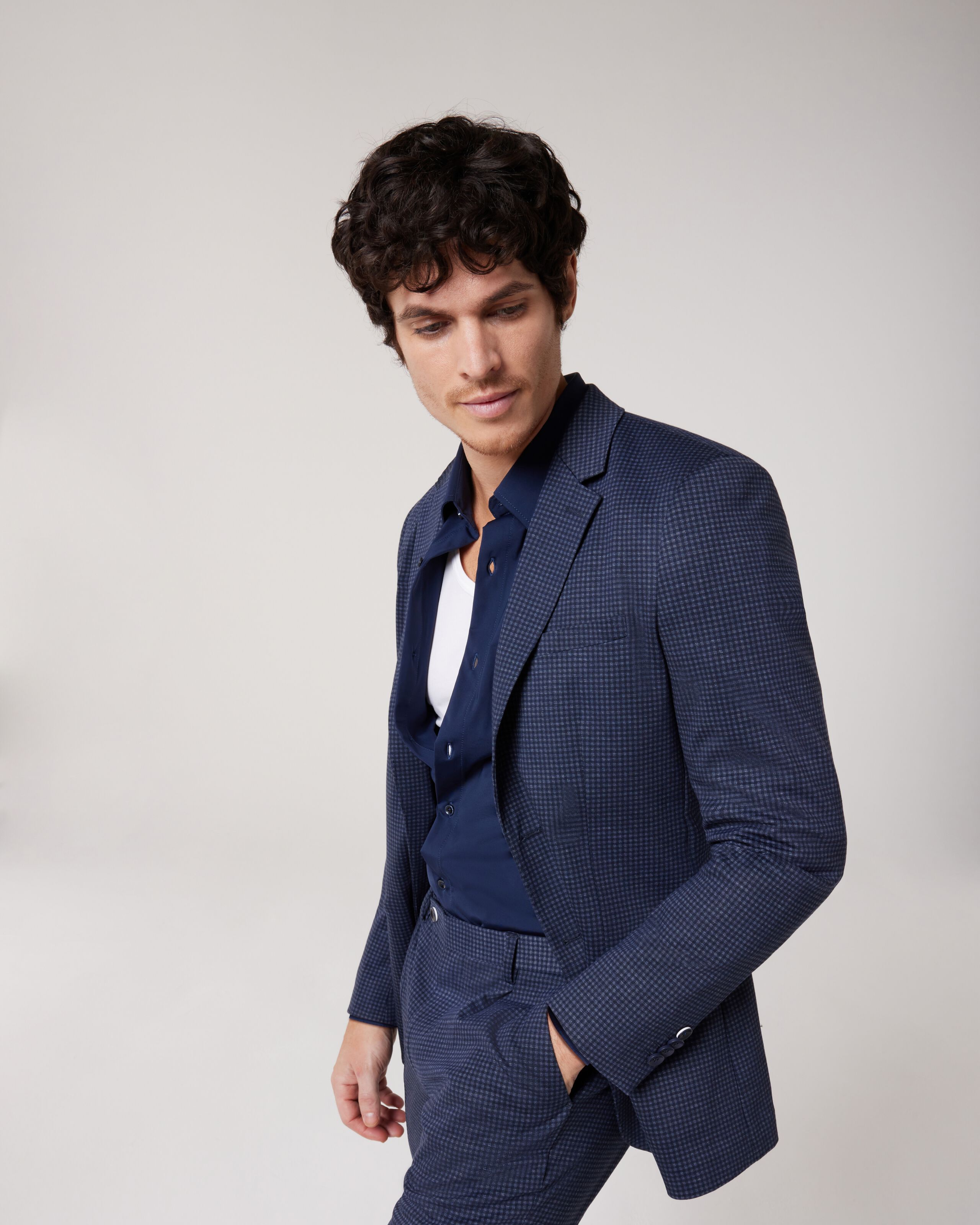 Regular Stretch Jersey Check Tailored Jacket Navy Check Suit